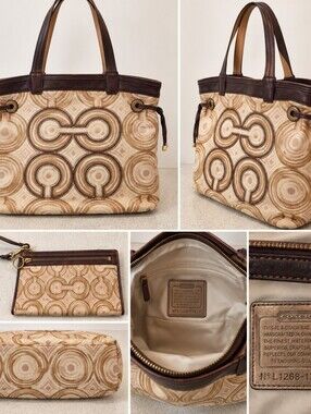 Coach Beige and Brown Patterned Canvas Tote with Wristlet